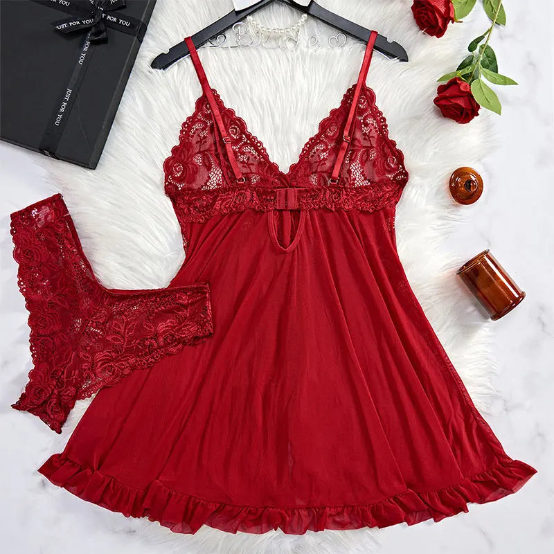 Un ensemble de chemise de nuit Ultra Sexy en Tulle, soutien-gorge à col en v, jupe de nuit ouverte, robe érotique pour femme, pyjama transparent, pantalon de Lingerie, kit de luxe