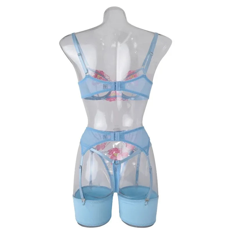 Ensemble soutien-gorge et slip Sexy pour femmes, maille transparente brodée en dentelle avec plusieurs couleurs, bretelles, soutien-gorge push-up érotique