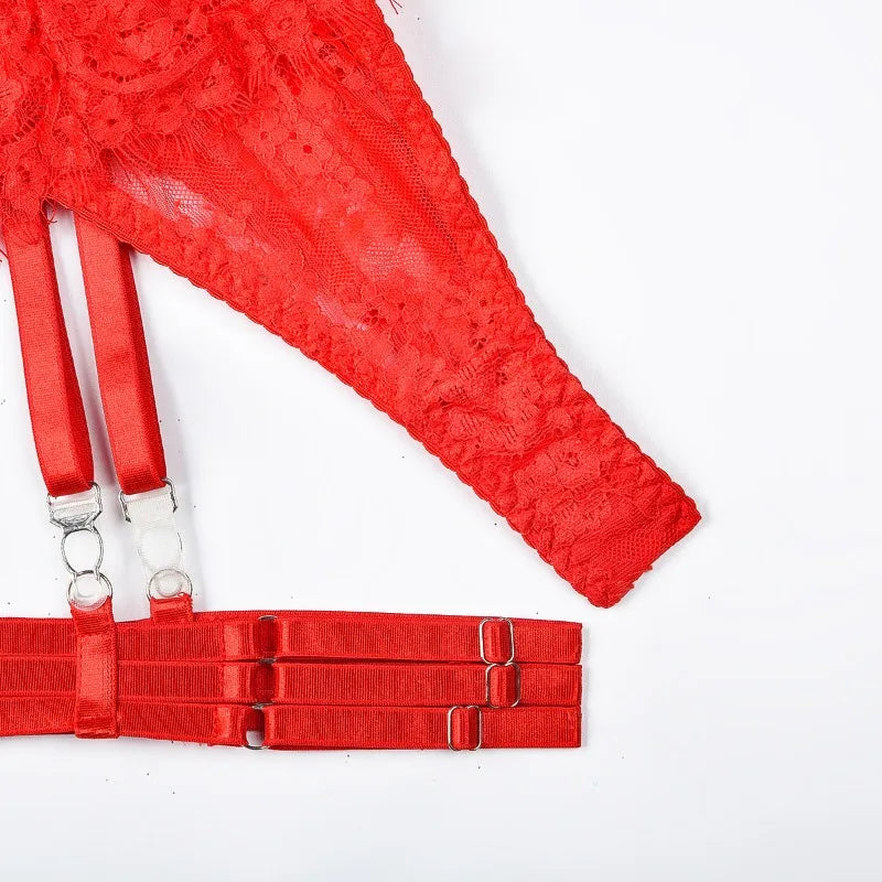 Toucheart-Ensemble de sous-vêtements en dentelle sexy pour femmes, jarretières transparentes en maille, document solide, ensemble de lingerie sexy, 4 pièces