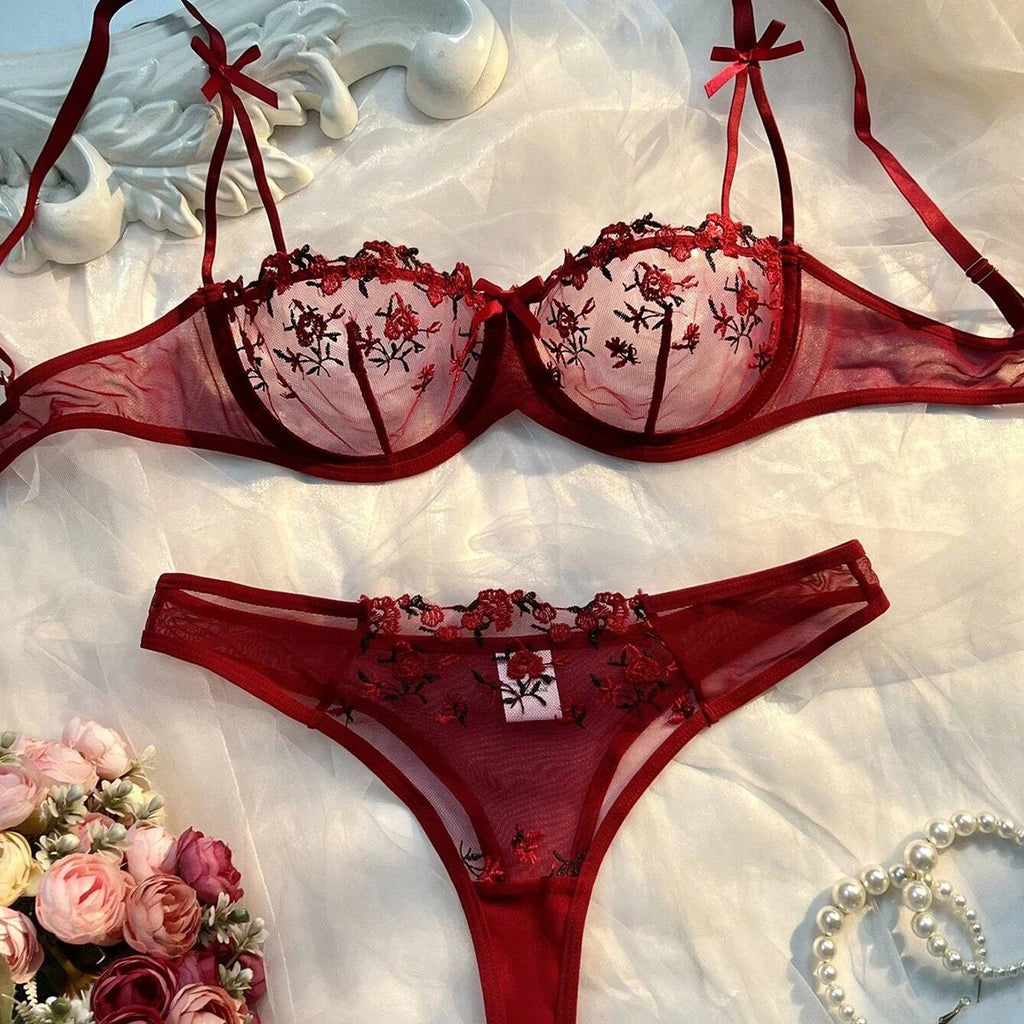Ensemble deux pièces de lingerie transparente pour femme, string, soutiens-gorge push-up intimes, broderie, impression nœud papillon, sous-vêtements, vin, nouveau