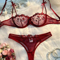 Ensemble deux pièces de lingerie transparente pour femme, string, soutiens-gorge push-up intimes, broderie, impression nœud papillon, sous-vêtements, vin, nouveau