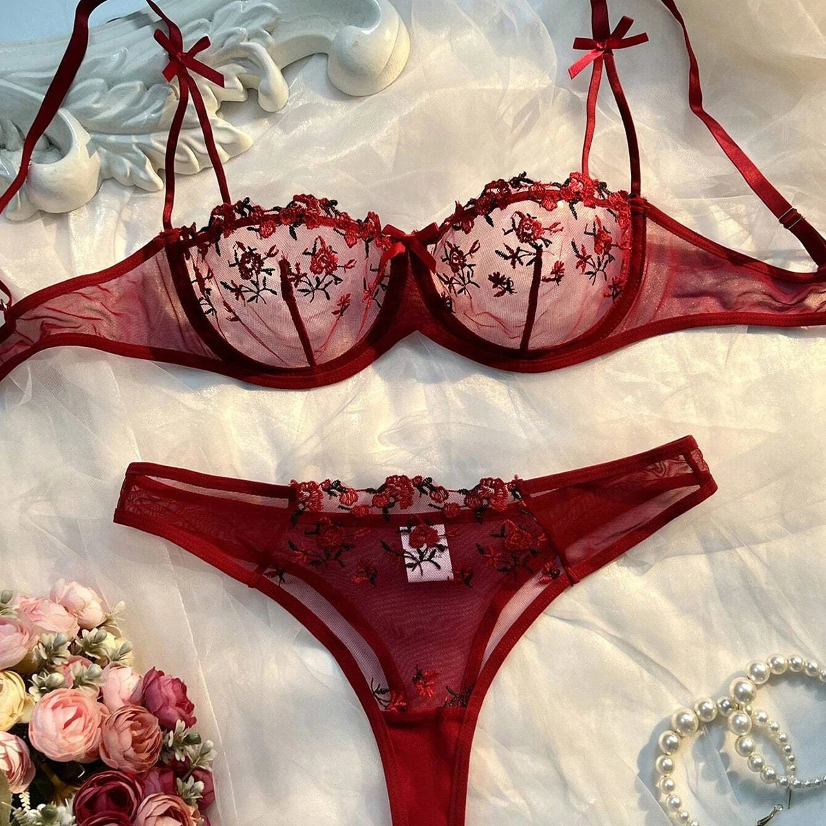 Ensemble deux pièces de lingerie transparente pour femme, string, soutiens-gorge push-up intimes, broderie, impression nœud papillon, sous-vêtements, vin, nouveau
