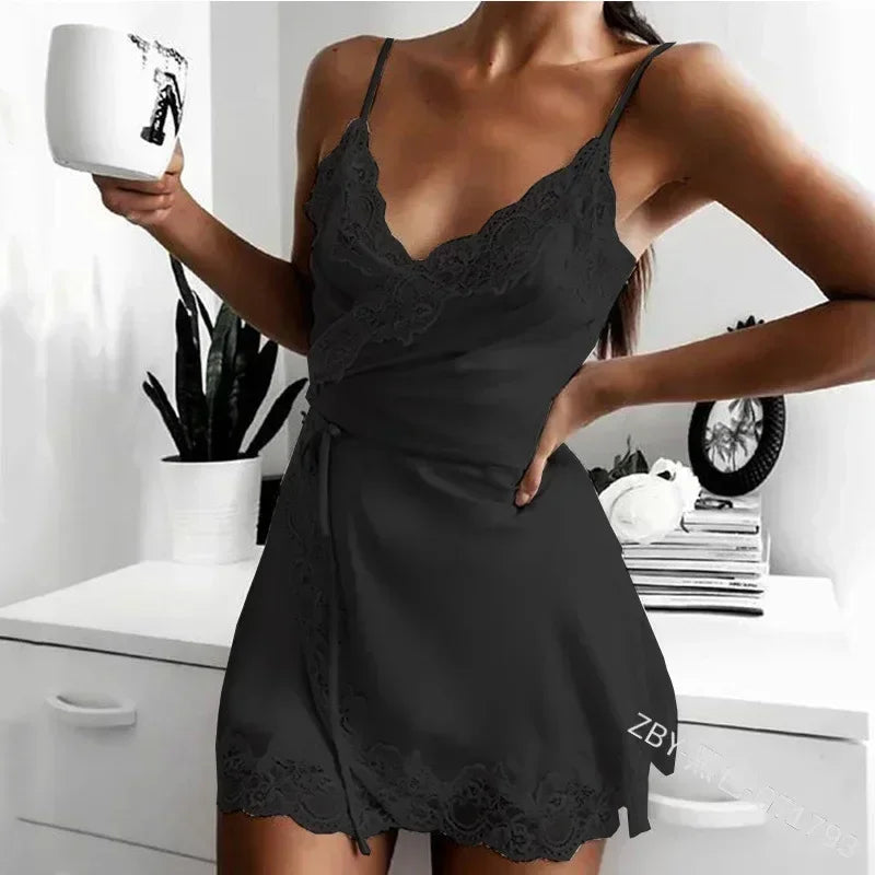 Chemise de nuit une pièce en dentelle pour femmes, sous-vêtements sexy, pyjama court, vêtements de nuit