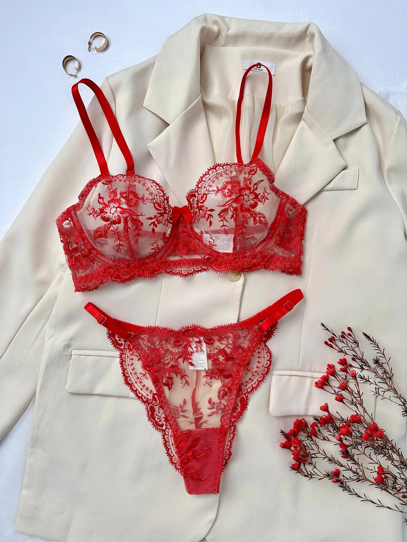 Ensemble de lingerie brodée florale pour femmes, bralette et culotte sexy en maille transparente, ensemble de soutien-gorge confortable pour un usage quotidien/fête