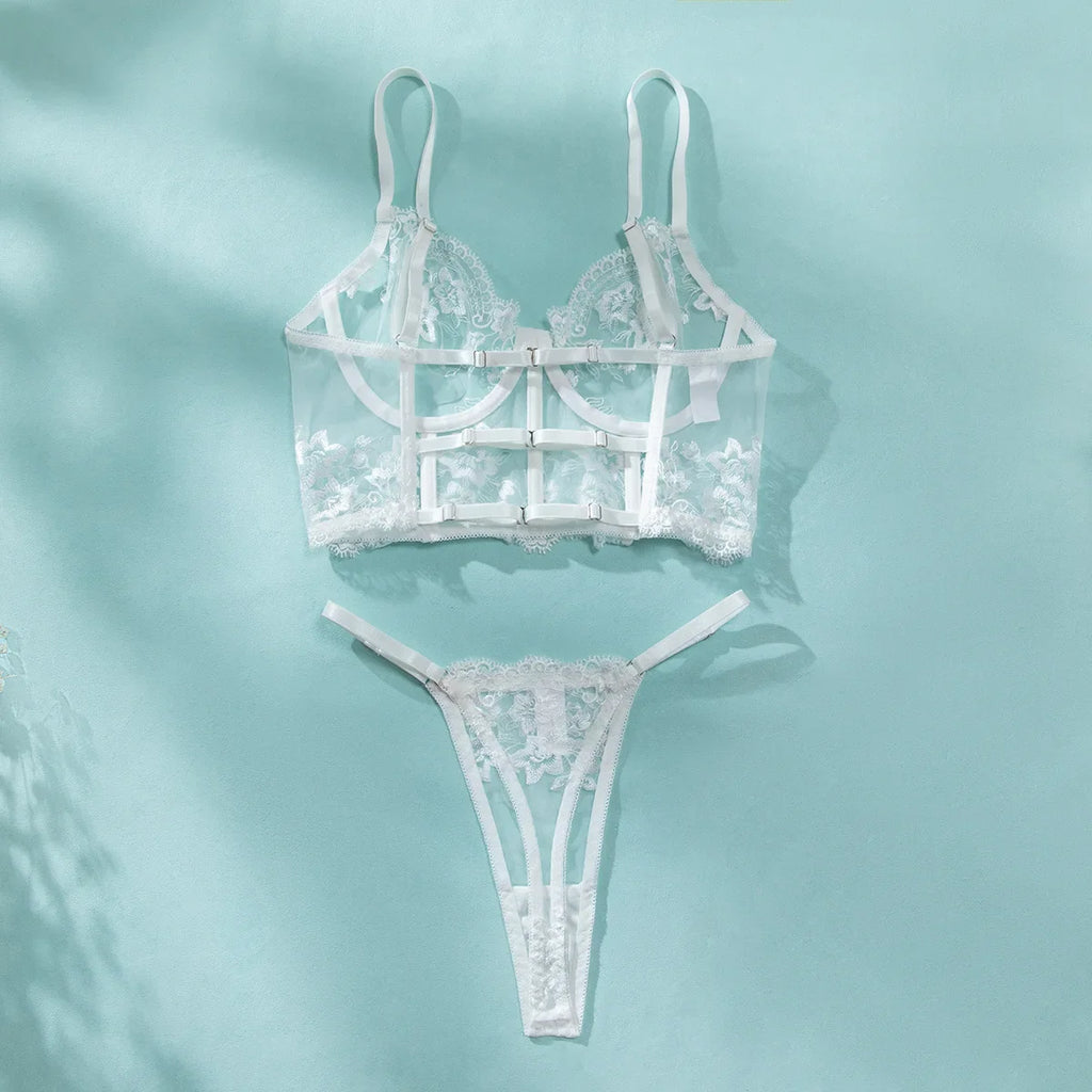 Romantique Sexy femme Lingere élégant Boudoir Corset soutien-gorge Hilitos 2PC ensemble voir à travers brodé français femme sous-vêtements
