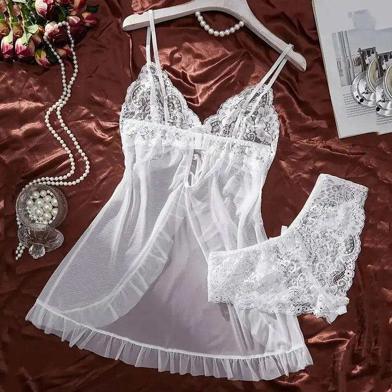 Un ensemble de chemise de nuit Ultra Sexy en Tulle, soutien-gorge à col en v, jupe de nuit ouverte, robe érotique pour femme, pyjama transparent, pantalon de Lingerie, kit de luxe