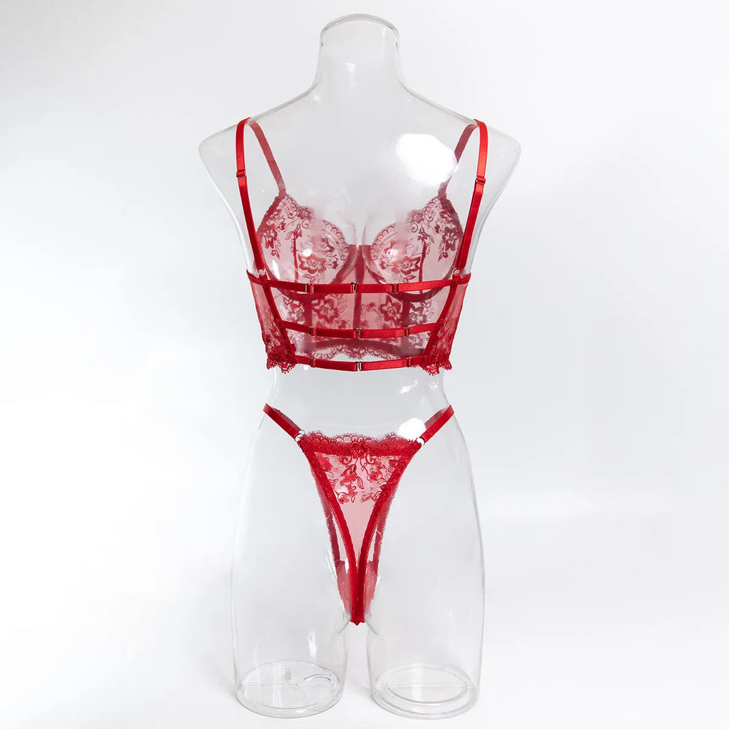 Romantique Sexy femme Lingere élégant Boudoir Corset soutien-gorge Hilitos 2PC ensemble voir à travers brodé français femme sous-vêtements
