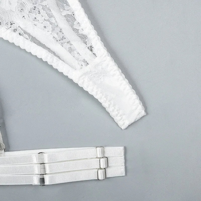 Toucheart-Ensemble de sous-vêtements en dentelle sexy pour femmes, jarretières transparentes en maille, document solide, ensemble de lingerie sexy, 4 pièces