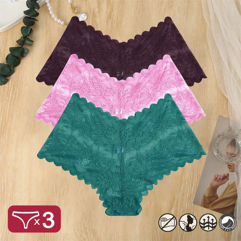 3 pièces femmes Sexy dentelle culottes Perspective florale Uderwear couleur unie intimes Boyshort femme taille en V respirant doux Lingerie