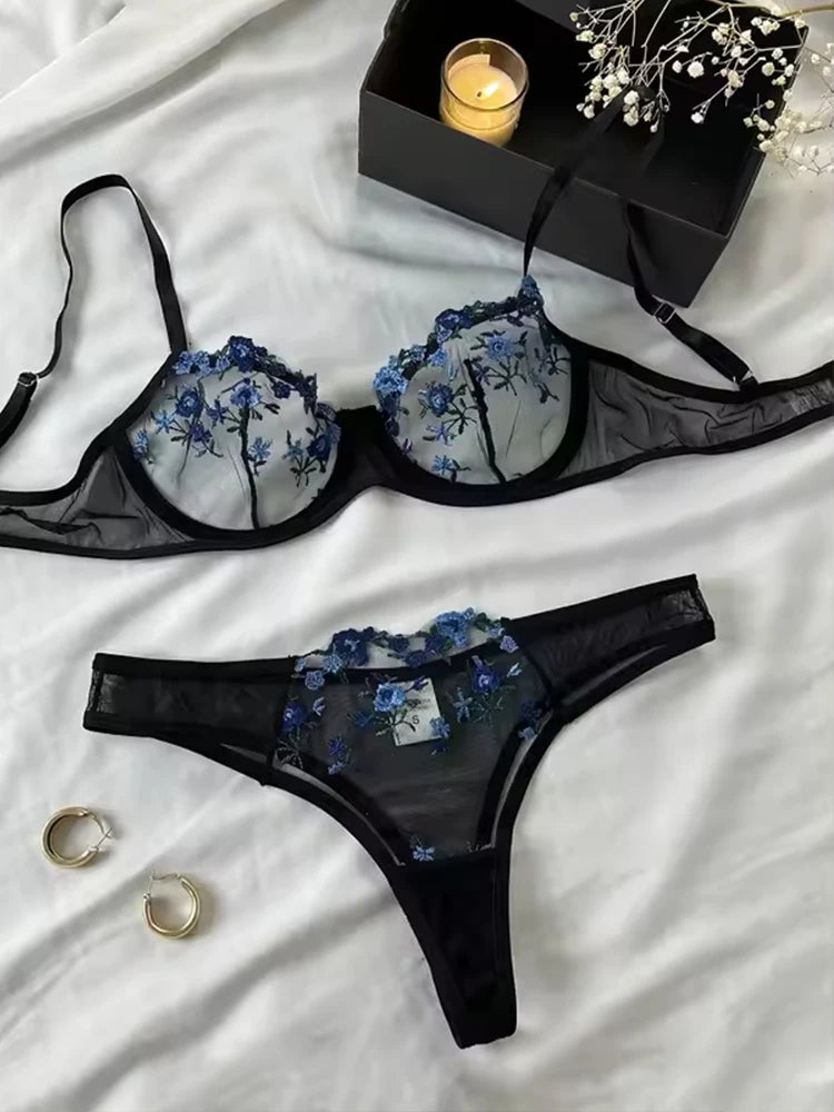 Érotique broderie bleu fragments floraux dentelle nuisette sensuelle Lingerie soutien-gorge ensemble pour femmes sous-vêtements intime Sexi culotte ensemble 2024