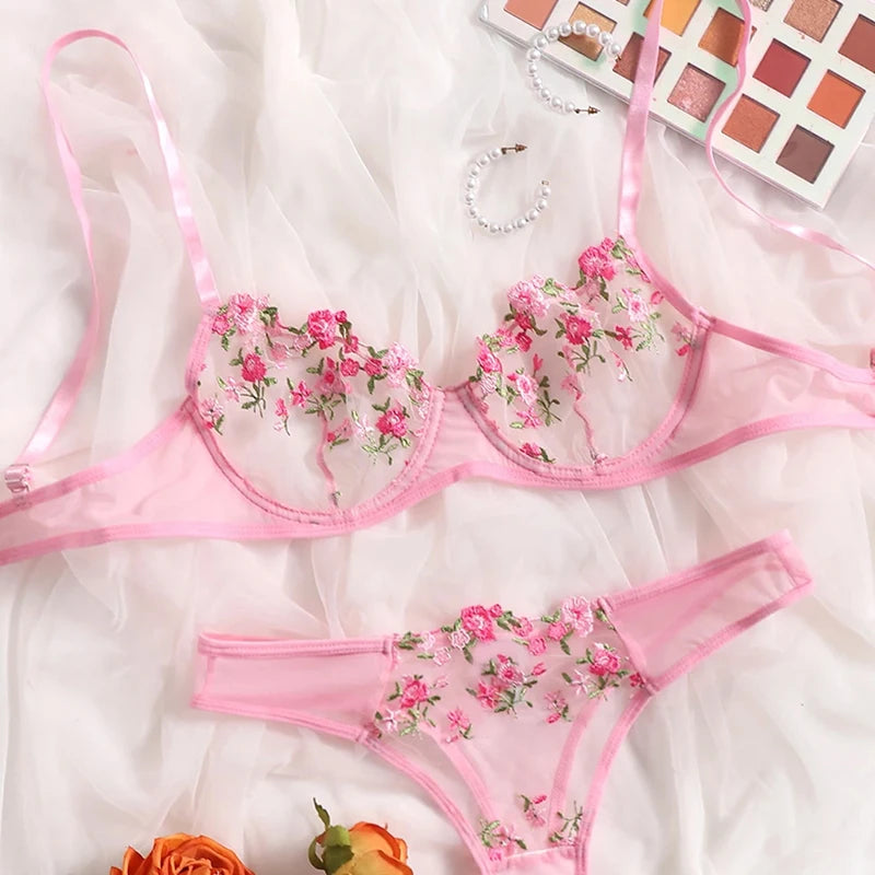 Érotique broderie bleu fragments floraux dentelle nuisette sensuelle Lingerie soutien-gorge ensemble pour femmes sous-vêtements intime Sexi culotte ensemble 2024