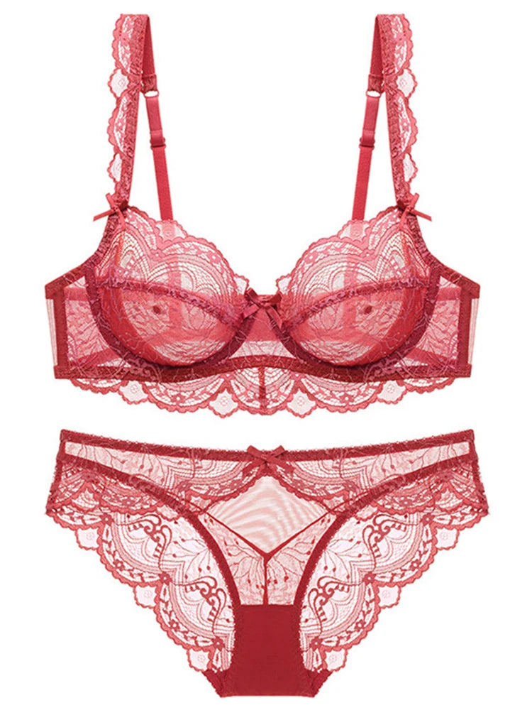 Ensemble soutien-gorge et culotte en dentelle transparente ultra fine pour femme, sous-vêtements sexy, lingerie, brassières, bonnets A B C D E, 95C 95D