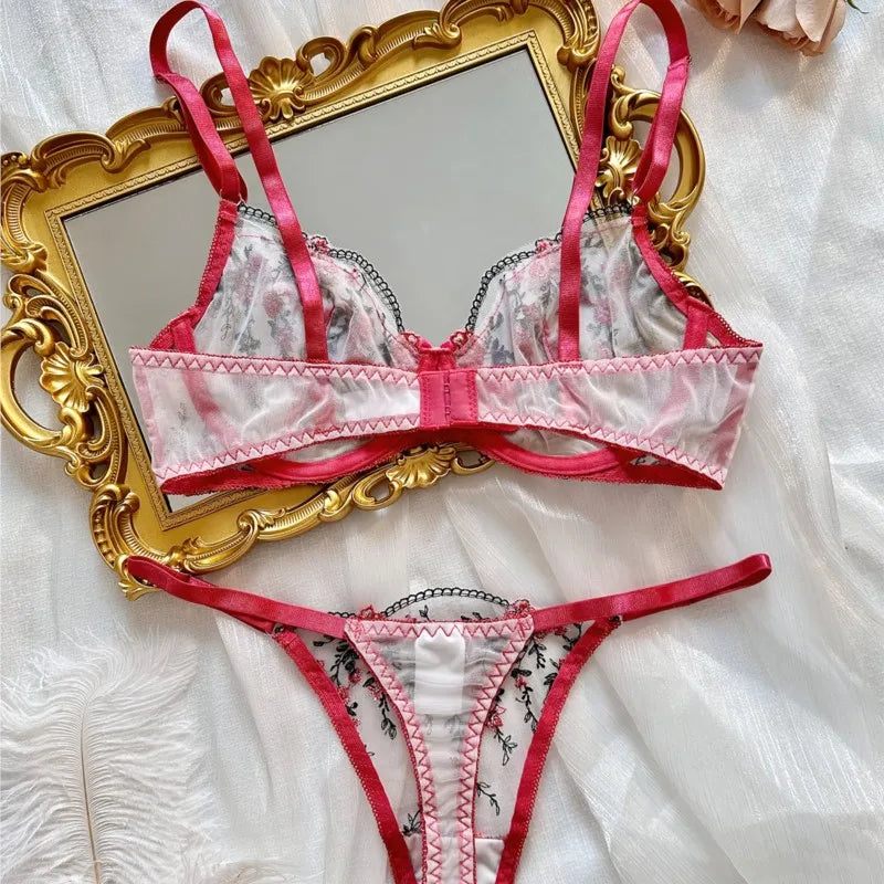 Soutien-gorge push-up en Tulle brodé, Lingerie féerique exotique, maille transparente, 3 pièces, vêtements intimes transparents pour femmes