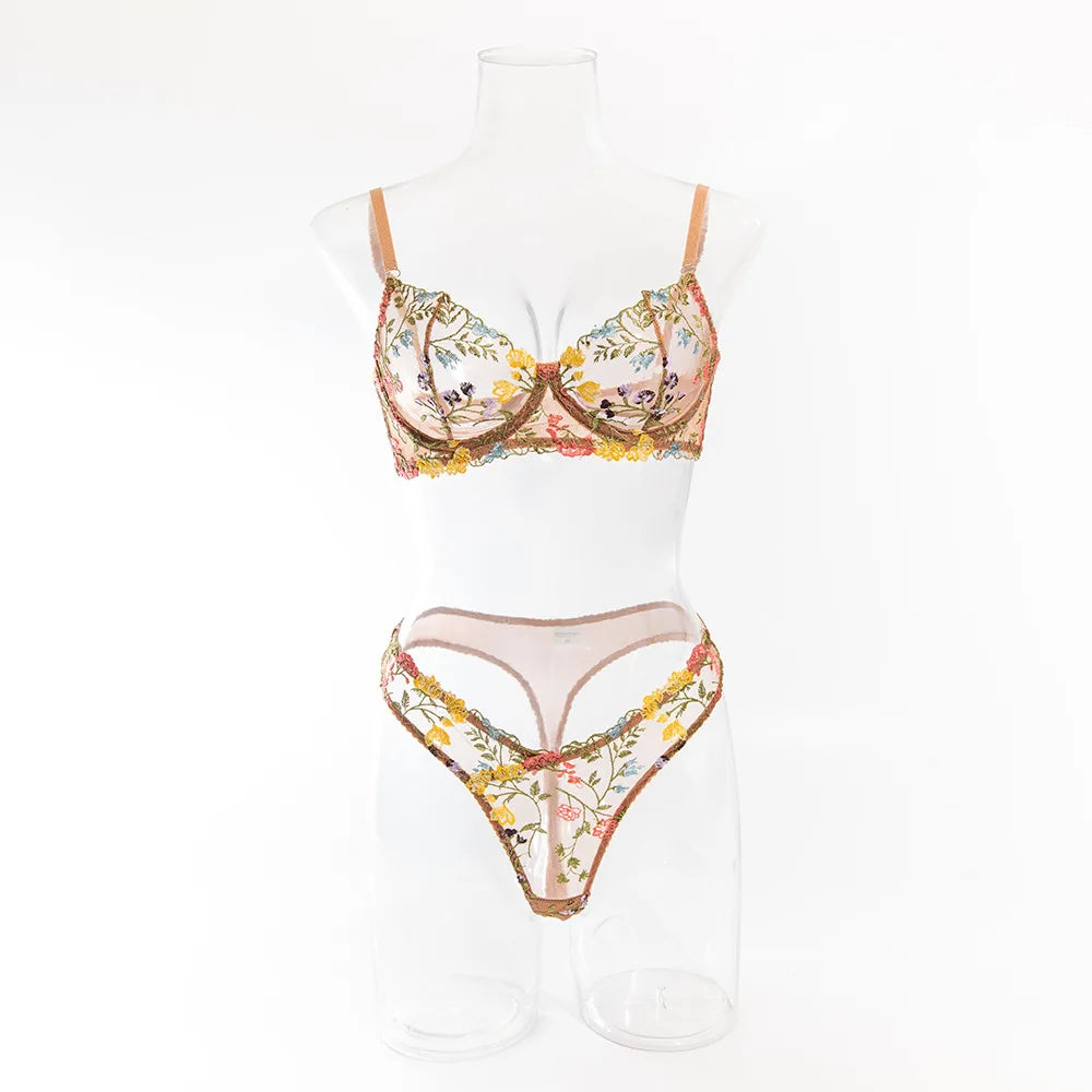 Ensemble soutien-gorge et culotte à fleurs pour femmes, ensemble deux pièces avec perspective, sous-vêtements sans censure, vêtements nette, sexy, 1300 ere, XXX