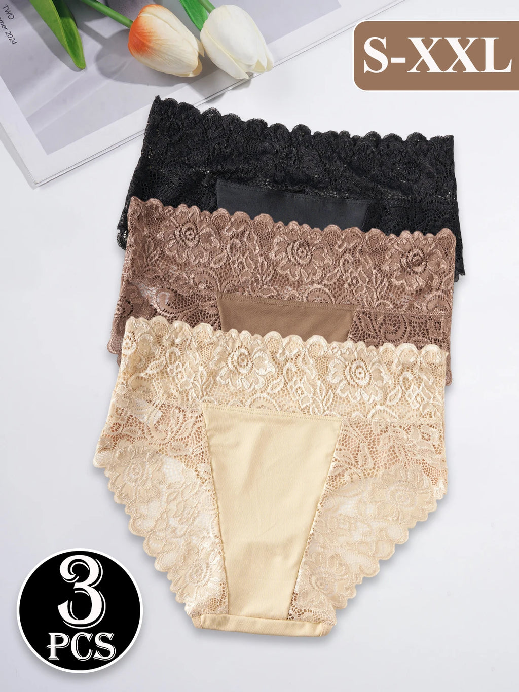 Sous-vêtements confortables taille haute pour femmes, 3 pièces, détails en dentelle florale exquise, slips de couleur unie, culottes décontractées au quotidien, nouvelle collection