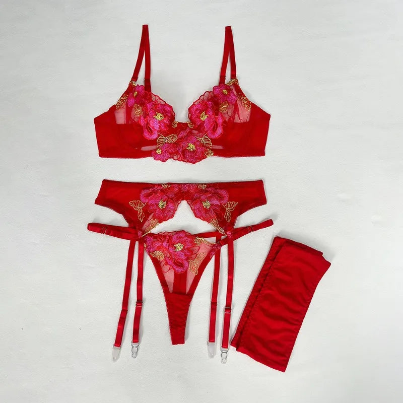 Ensemble soutien-gorge et slip Sexy pour femmes, maille transparente brodée en dentelle avec plusieurs couleurs, bretelles, soutien-gorge push-up érotique