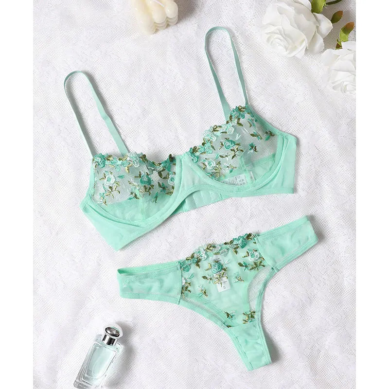 Ensemble deux pièces de lingerie transparente pour femme, string, soutiens-gorge push-up intimes, broderie, impression nœud papillon, sous-vêtements, vin, nouveau