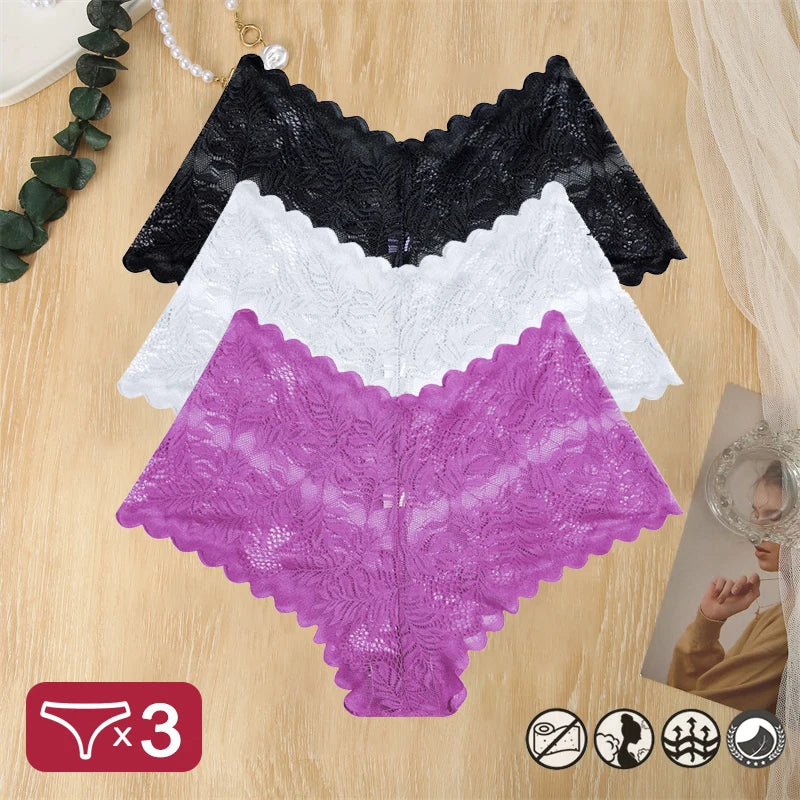 3 pièces femmes Sexy dentelle culottes Perspective florale Uderwear couleur unie intimes Boyshort femme taille en V respirant doux Lingerie