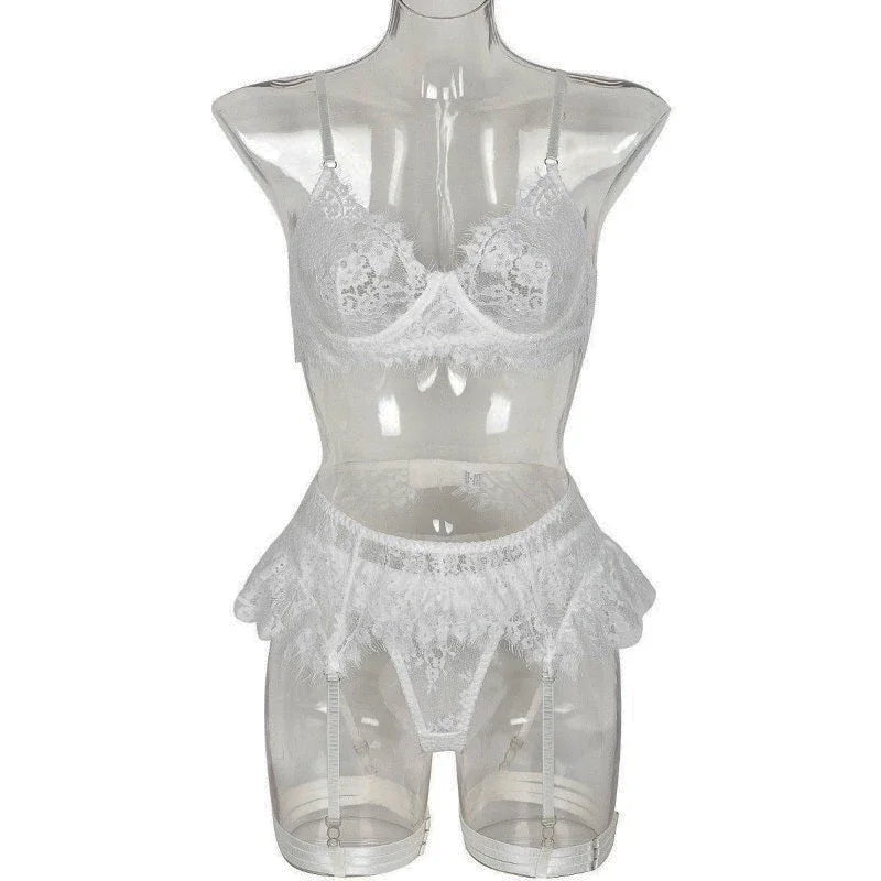 Toucheart-Ensemble de sous-vêtements en dentelle sexy pour femmes, jarretières transparentes en maille, document solide, ensemble de lingerie sexy, 4 pièces