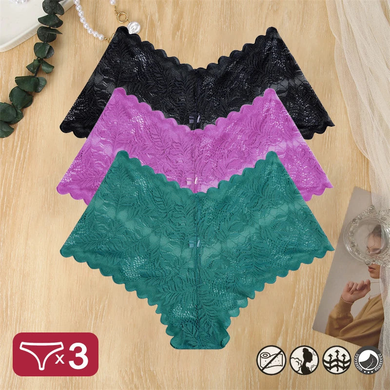 3 pièces femmes Sexy dentelle culottes Perspective florale Uderwear couleur unie intimes Boyshort femme taille en V respirant doux Lingerie