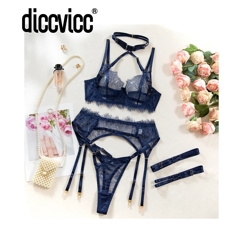 Diccvicc Lingerie Sexy cils chauds dentelle garniture pansement soutien-gorge porte-jarretelles avec sous-vêtements culotte Transparent intimité porter ensemble exotique