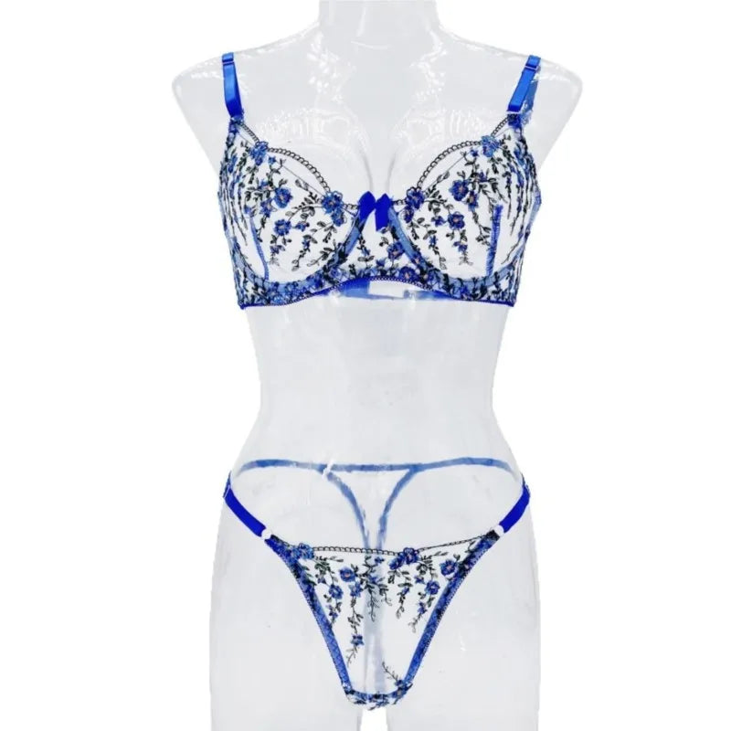 Soutien-gorge push-up en Tulle brodé, Lingerie féerique exotique, maille transparente, 3 pièces, vêtements intimes transparents pour femmes