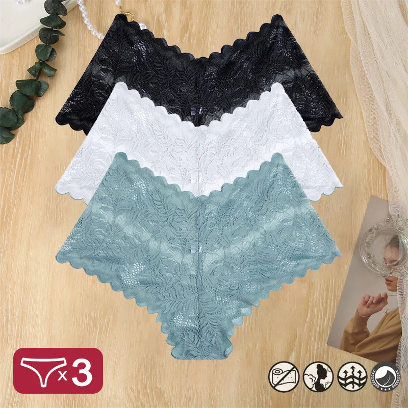 3 pièces femmes Sexy dentelle culottes Perspective florale Uderwear couleur unie intimes Boyshort femme taille en V respirant doux Lingerie