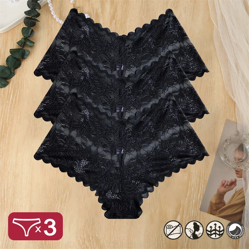 3 pièces femmes Sexy dentelle culottes Perspective florale Uderwear couleur unie intimes Boyshort femme taille en V respirant doux Lingerie