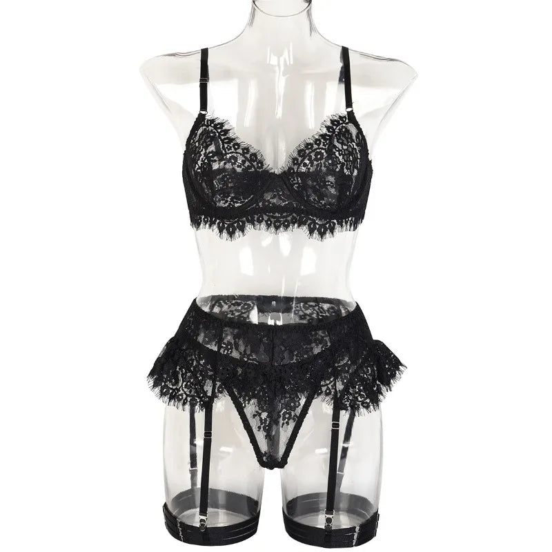 Toucheart-Ensemble de sous-vêtements en dentelle sexy pour femmes, jarretières transparentes en maille, document solide, ensemble de lingerie sexy, 4 pièces