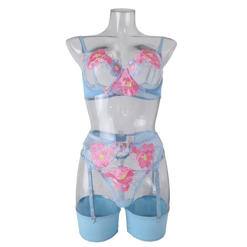 Ensemble soutien-gorge et slip Sexy pour femmes, maille transparente brodée en dentelle avec plusieurs couleurs, bretelles, soutien-gorge push-up érotique