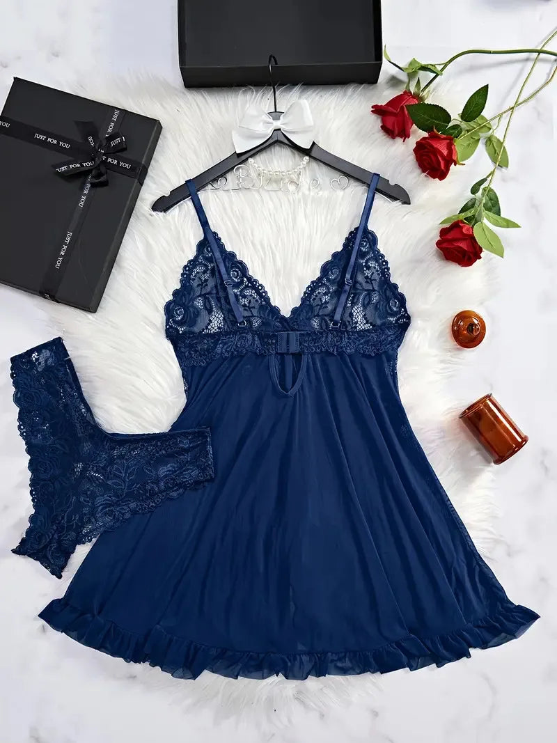 Un ensemble de chemise de nuit Ultra Sexy en Tulle, soutien-gorge à col en v, jupe de nuit ouverte, robe érotique pour femme, pyjama transparent, pantalon de Lingerie, kit de luxe