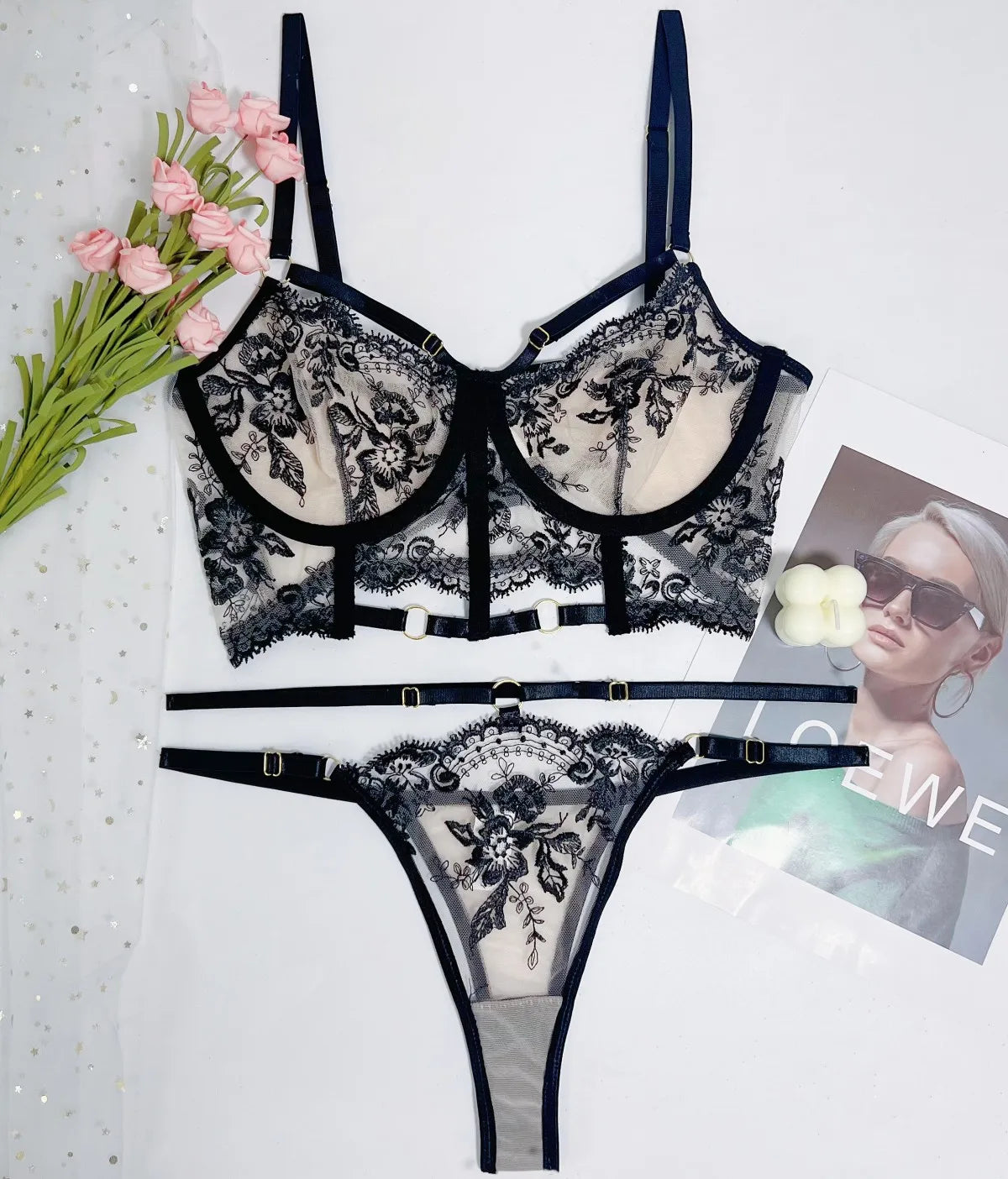 Ensemble de soutien-gorge en dentelle 2 pièces pour femmes, broderie florale noire, sous-vêtements transparents, Sexy, bonnet complet, soutien-gorge + culotte, tenues de Lingerie