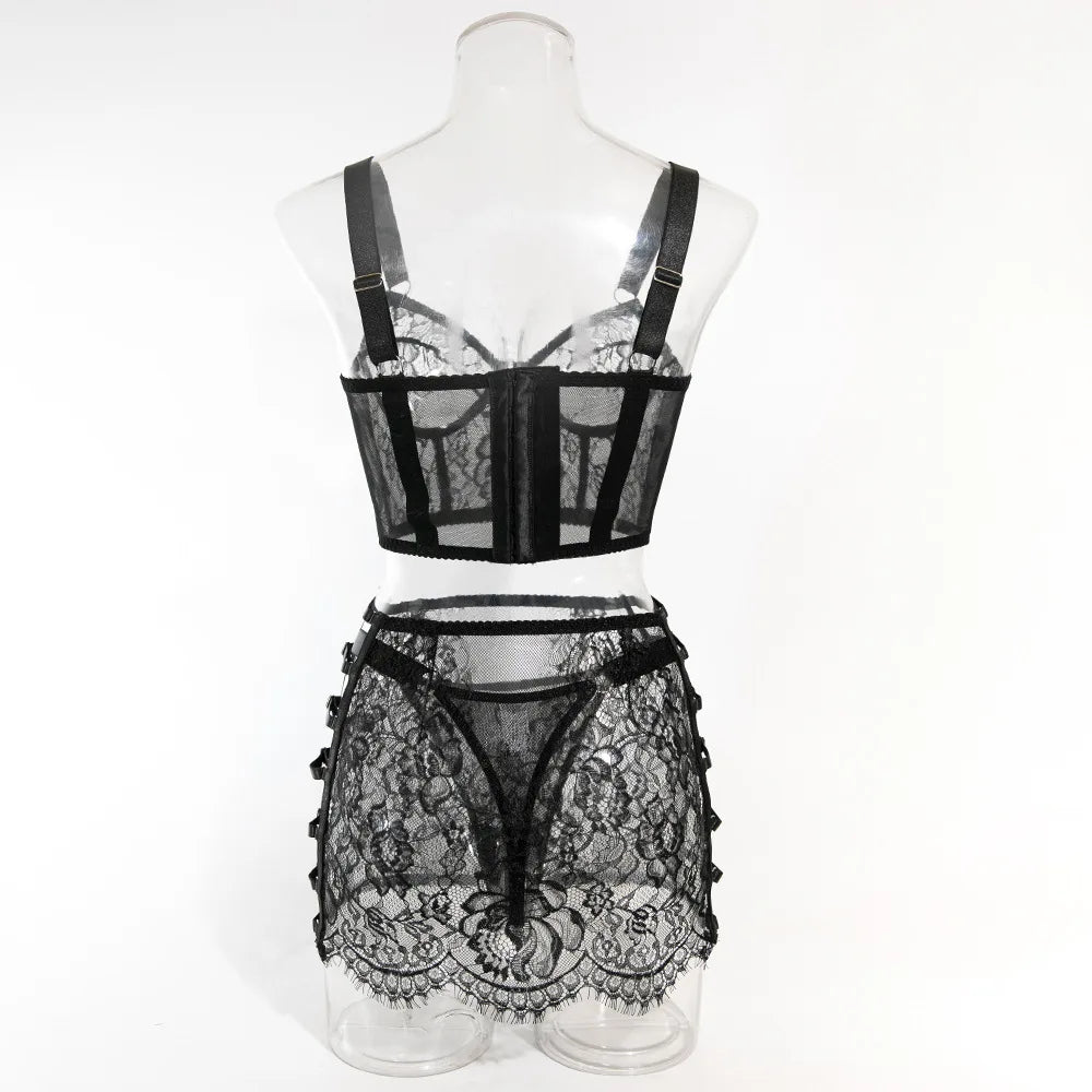 Ensembles de Lingerie sensuelle fantaisie, jarretelles ajourées sur le côté, sous-vêtements pour femmes, transparent en dentelle chaude, nouveaux tenues