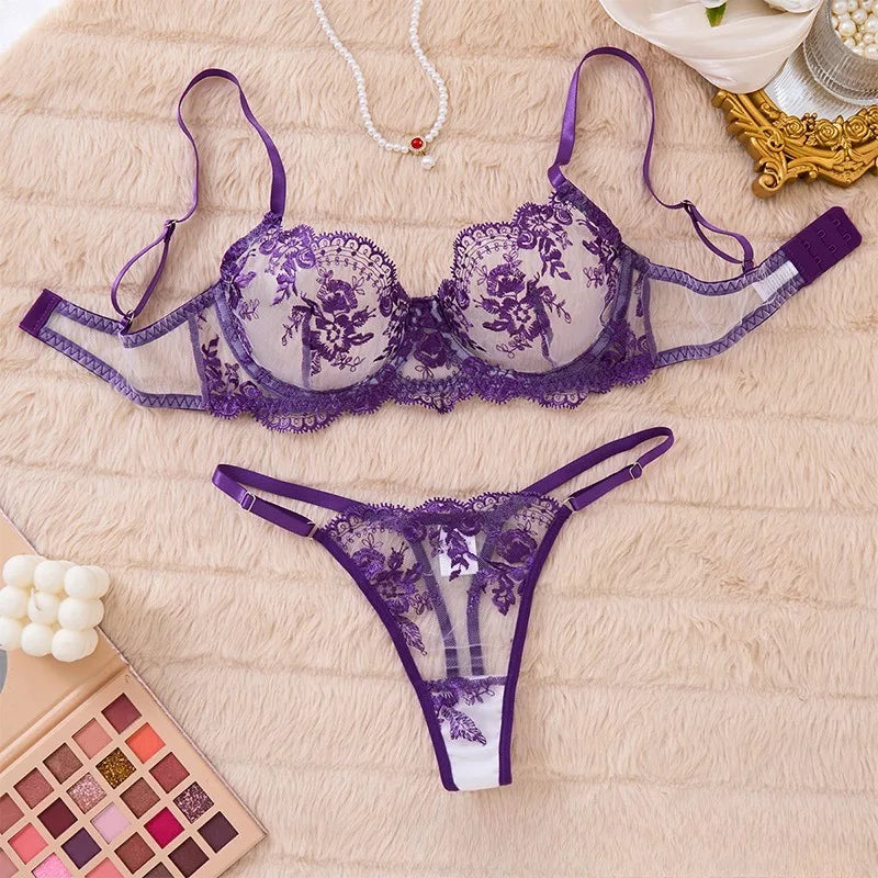 Ensemble de lingerie brodée florale pour femmes, bralette et culotte sexy en maille transparente, ensemble de soutien-gorge confortable pour un usage quotidien/fête