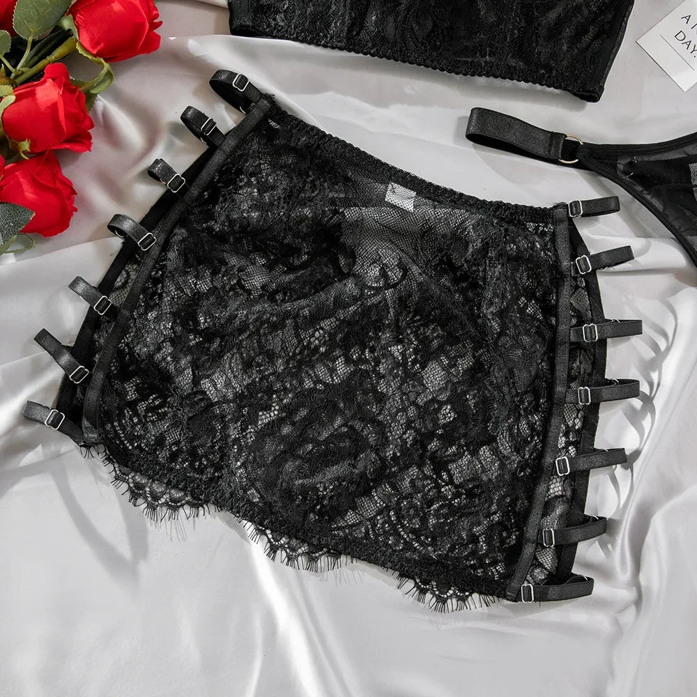 Ensembles de Lingerie sensuelle fantaisie, jarretelles ajourées sur le côté, sous-vêtements pour femmes, transparent en dentelle chaude, nouveaux tenues