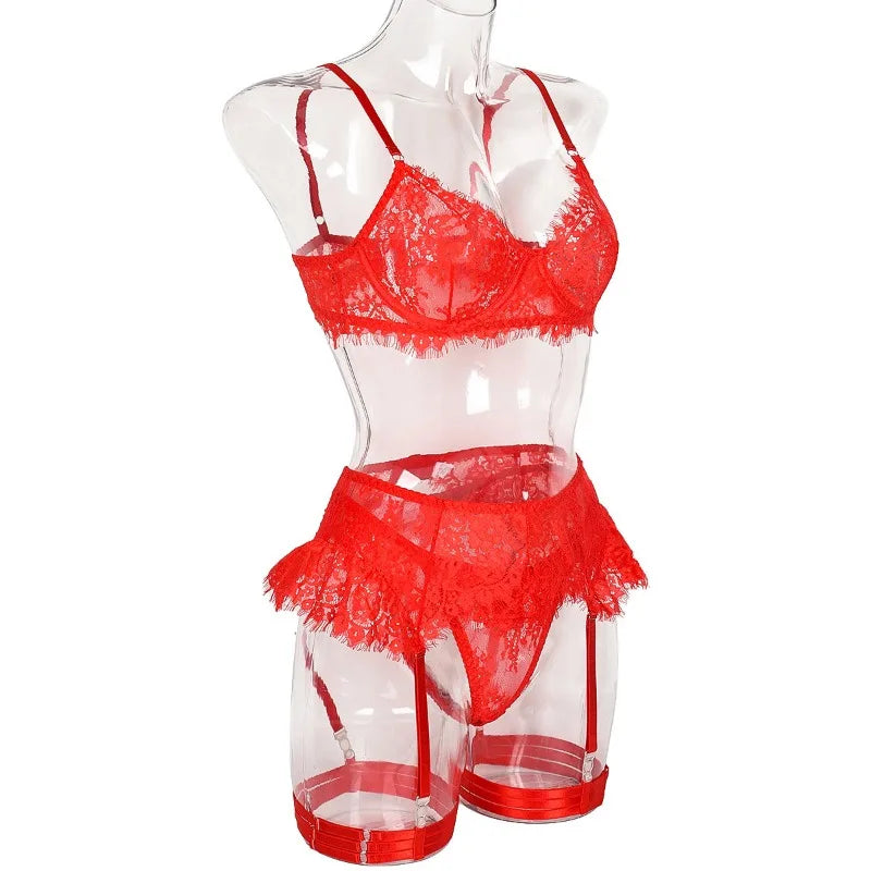 Toucheart-Ensemble de sous-vêtements en dentelle sexy pour femmes, jarretières transparentes en maille, document solide, ensemble de lingerie sexy, 4 pièces