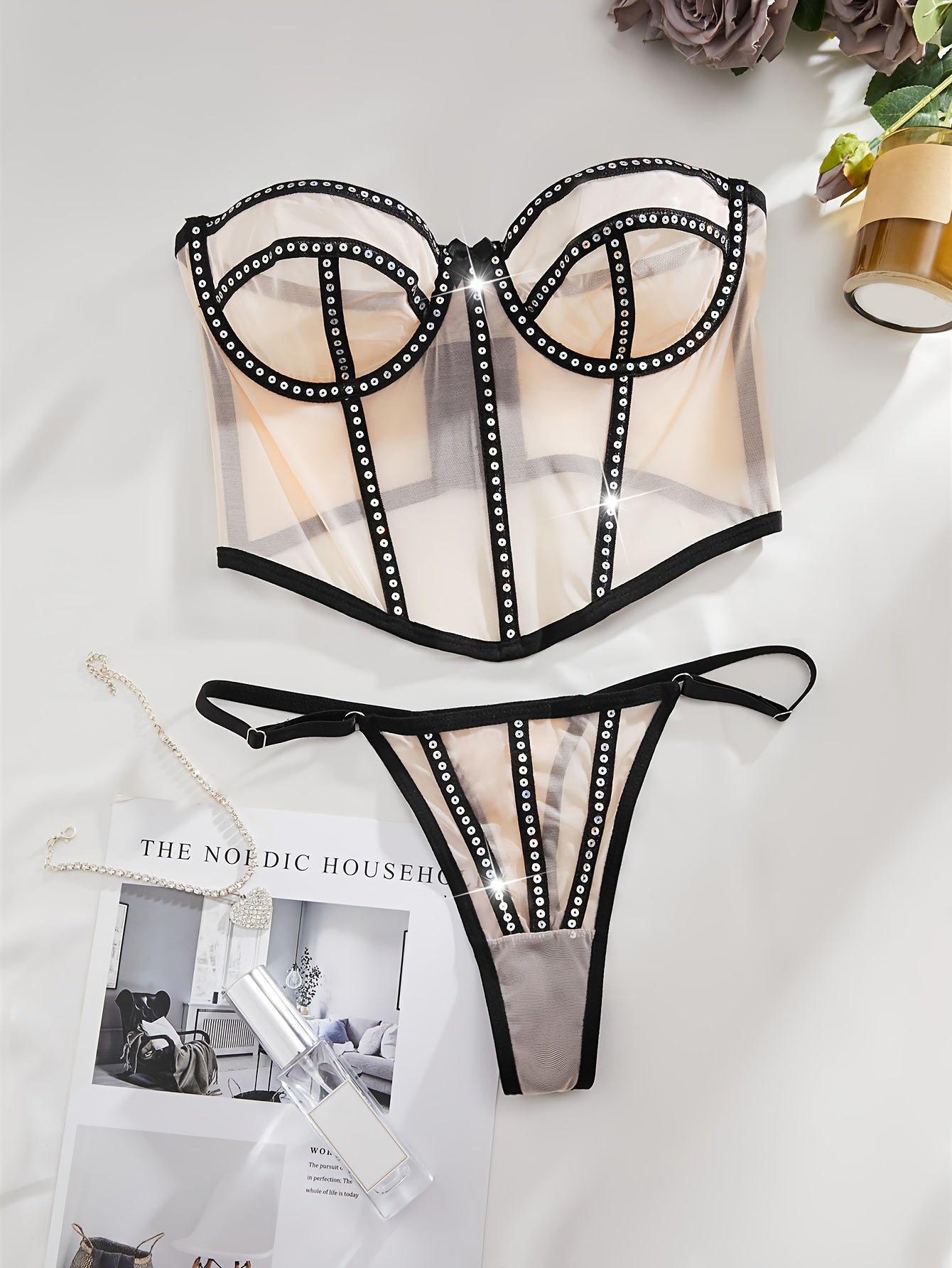 Ultra-Thin Seductive Mesh Sexy Off-Shoulder Lingerie Set Including Bra And Thong