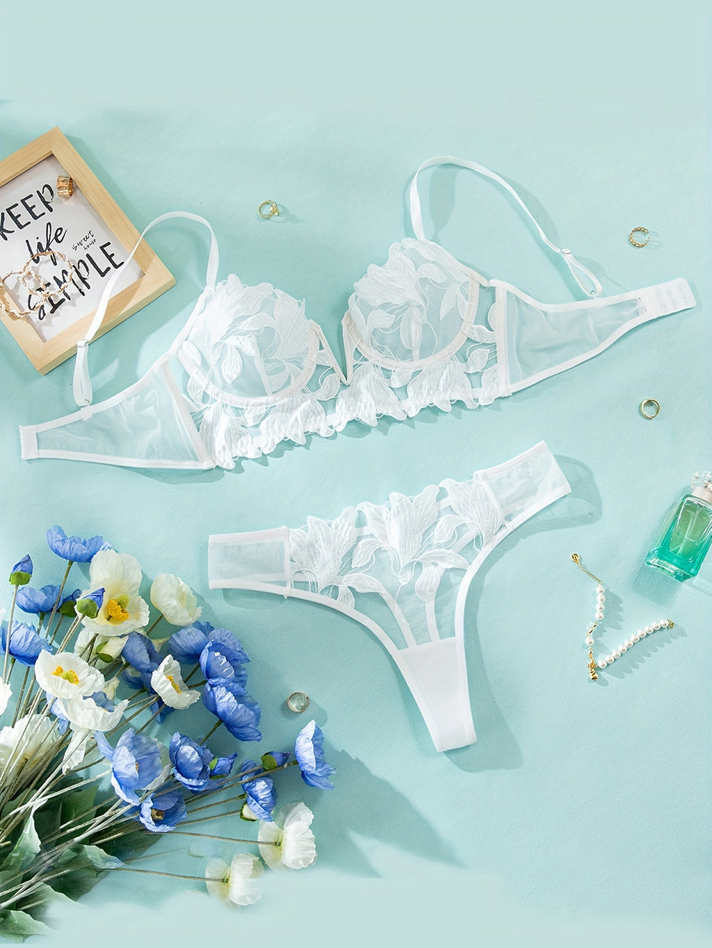 Embroidered Mesh Bra and Underwear Set, Sexy Deep V-Neck Push-Up Lingerie, Pure Desire Style Women's Set