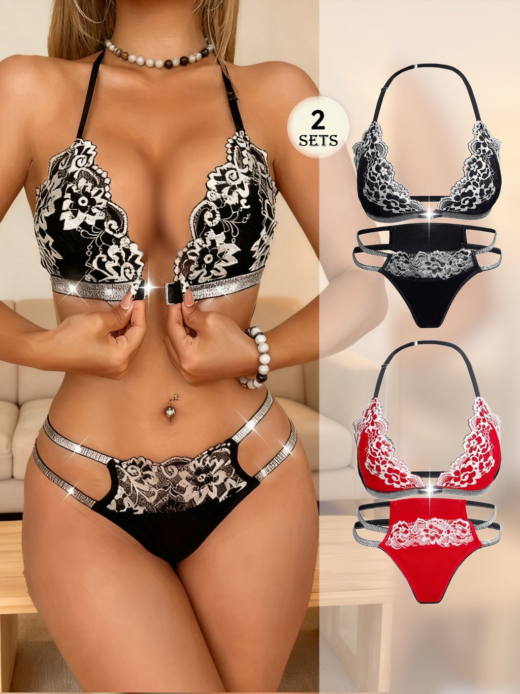 2pcs Women's Black and Red Lace Lingerie Set, Front-clasp Bra with Comfortable Breathable Material, Sexy Floral Contrast Lace Bra and Thong, Halter Neck Straps, Breathable Low-rise Unlined Semi-transparent Black and White Und