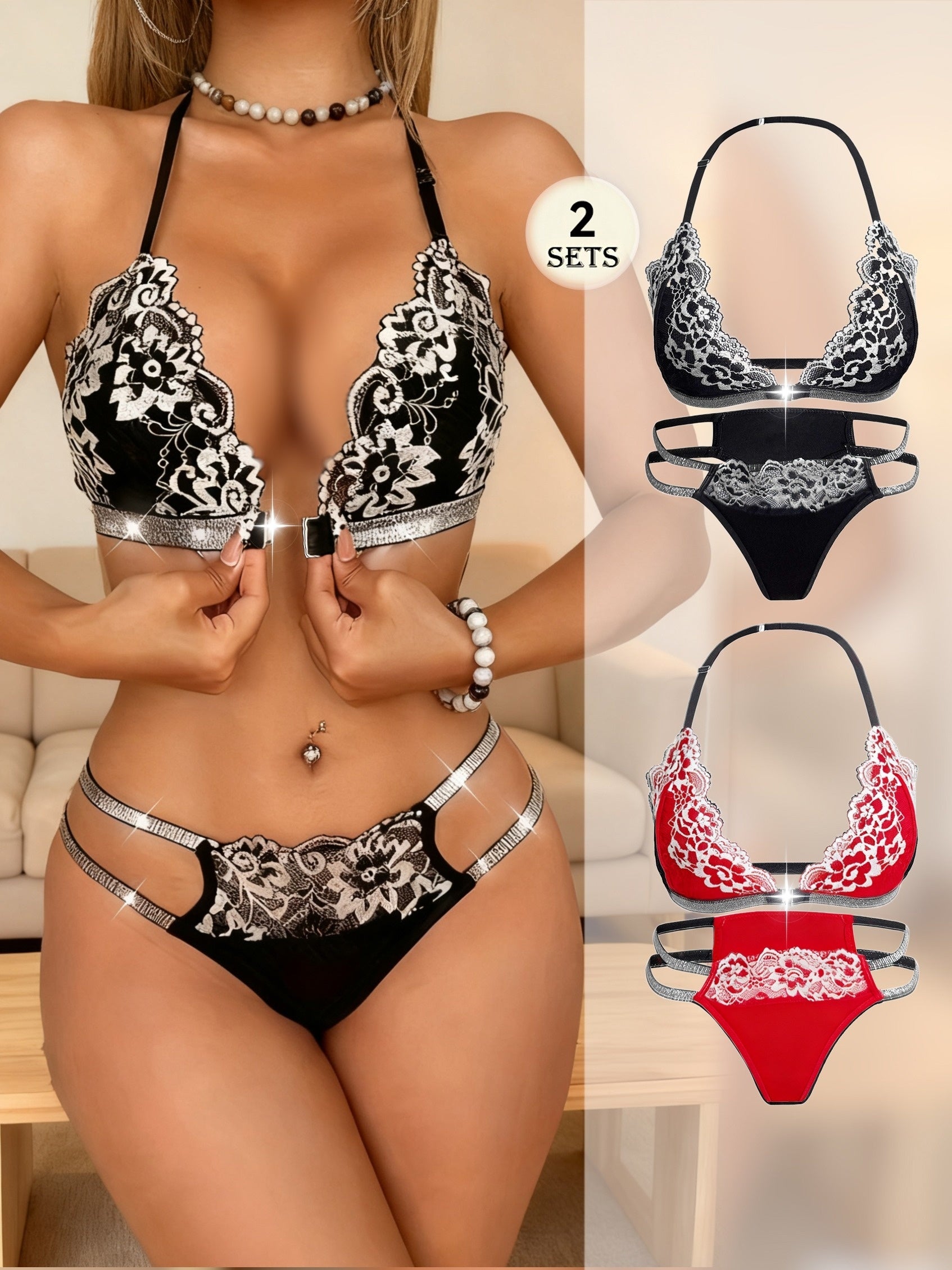 2pcs Women's Black and Red Lace Lingerie Set, Front-clasp Bra with Comfortable Breathable Material, Sexy Floral Contrast Lace Bra and Thong, Halter Neck Straps, Breathable Low-rise Unlined Semi-transparent Black and White Und