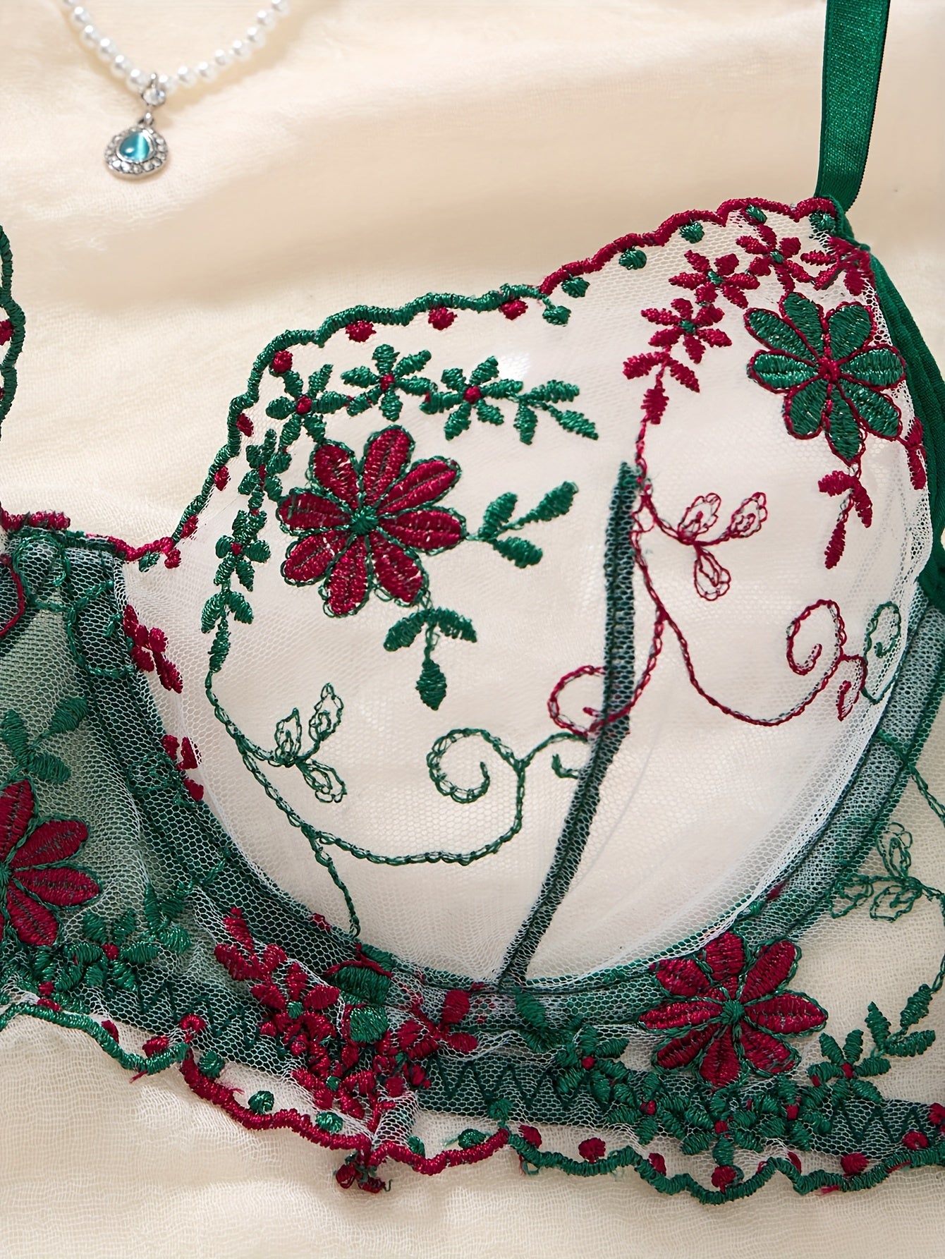 Deep Green Single-Layer Embroidered Sexy Set, Pretty Small Flower Transparent Underwire Bra and Bikini Panties, Medium Support Underwire Push-Up Lingerie and Low-Rise Shorts, Bold Apparel to Boost Women's Mood and Charm