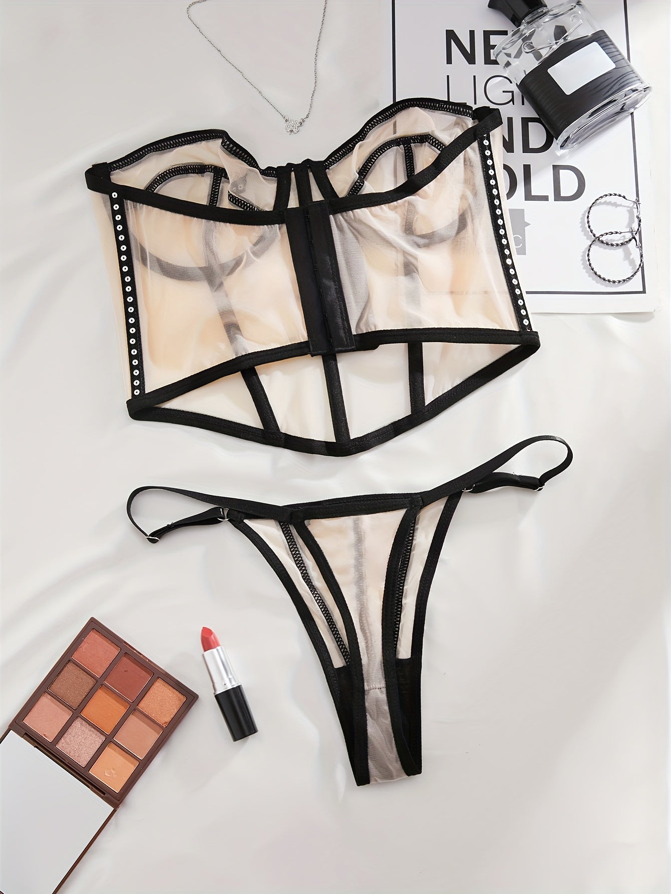 Ultra-Thin Seductive Mesh Sexy Off-Shoulder Lingerie Set Including Bra And Thong