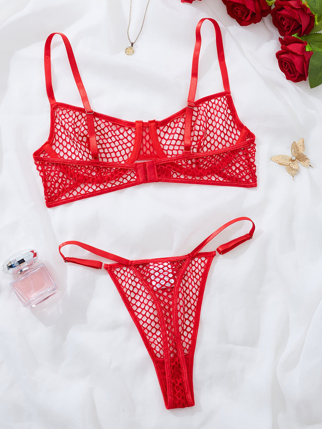 Sexy Black Mesh Lace-Up Bra and Panties Set | Sheer Black Mesh, No Padding, Solid Color Pattern