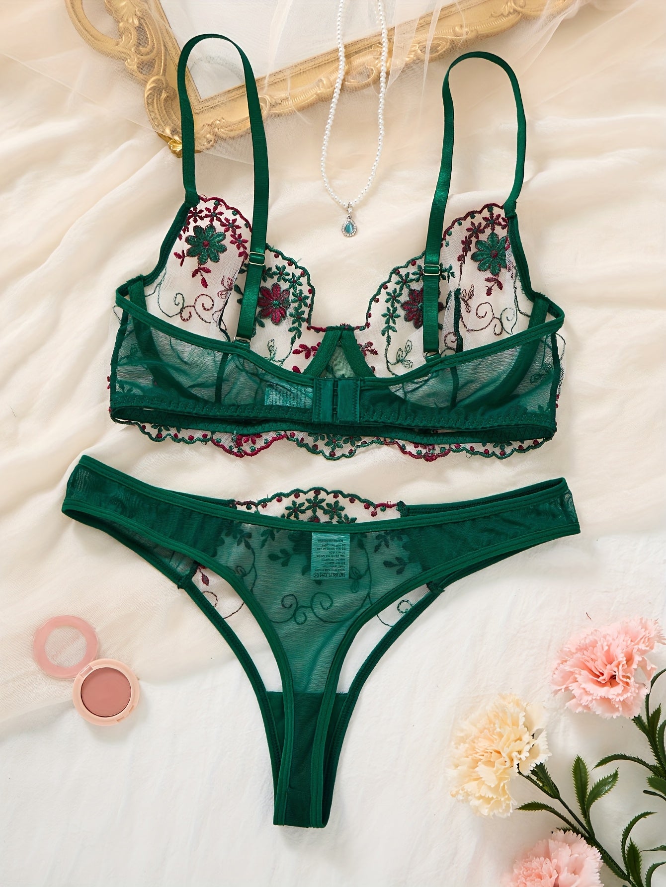 Deep Green Single-Layer Embroidered Sexy Set, Pretty Small Flower Transparent Underwire Bra and Bikini Panties, Medium Support Underwire Push-Up Lingerie and Low-Rise Shorts, Bold Apparel to Boost Women's Mood and Charm