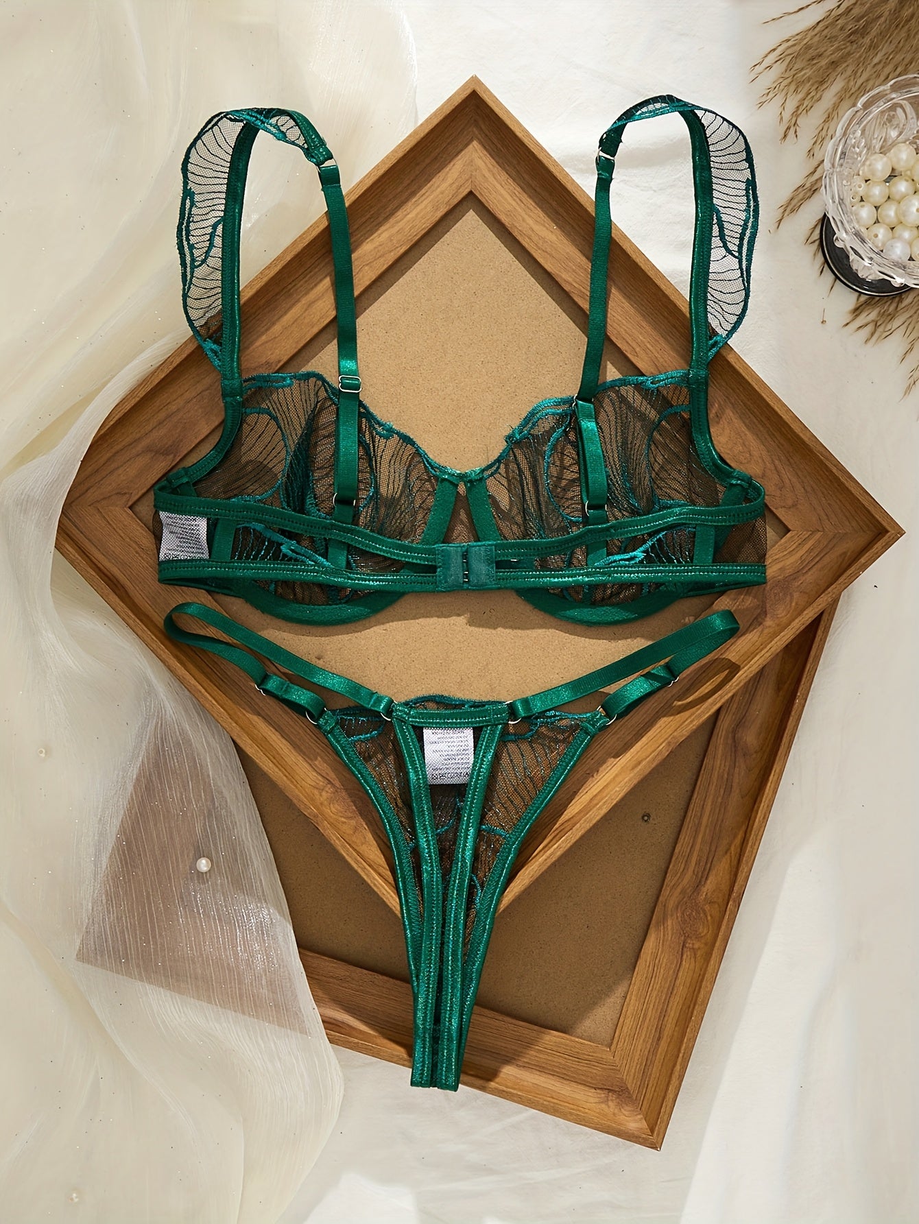 Fashionable and Sexy Embroidered Patterned Sheer Lingerie Set, Showcasing a Woman's Elegant Charm and Passionate, Alluring Figure. The Bra Highlights the Contours of the Bust, Offering a Refined and Seductive Look for Parties