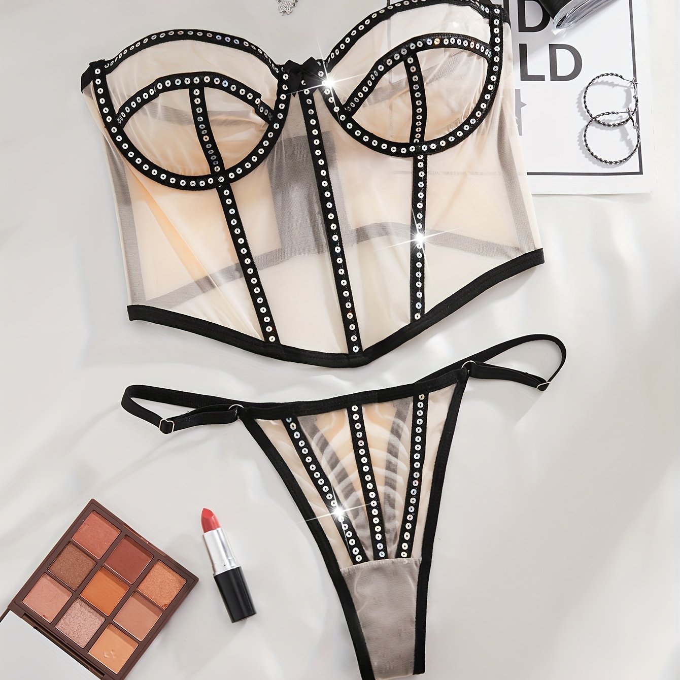 Ultra-Thin Seductive Mesh Sexy Off-Shoulder Lingerie Set Including Bra And Thong