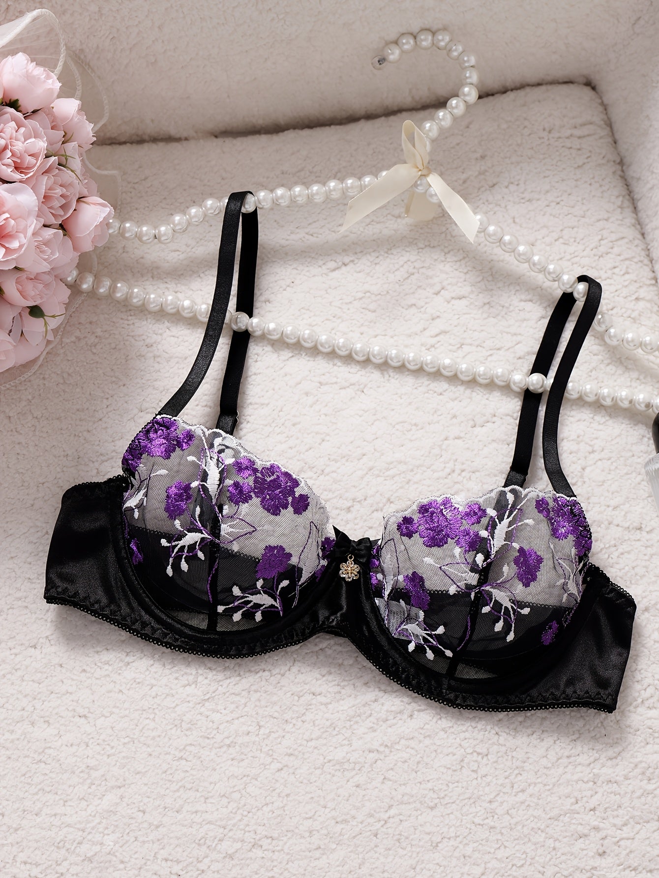 Women's Sheer Thong Lingerie Bikini - Sexy Semi-Transparent Panty & Bra (No Padding) with Contrast Colorblock & Embroidery - Matching Underwear Set for Intimate Occasions