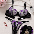 Women's Sheer Thong Lingerie Bikini - Sexy Semi-Transparent Panty & Bra (No Padding) with Contrast Colorblock & Embroidery - Matching Underwear Set for Intimate Occasions
