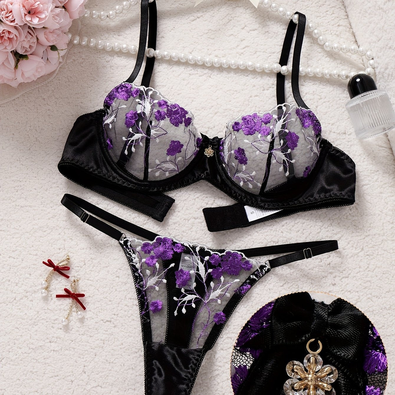 Women's Sheer Thong Lingerie Bikini - Sexy Semi-Transparent Panty & Bra (No Padding) with Contrast Colorblock & Embroidery - Matching Underwear Set for Intimate Occasions