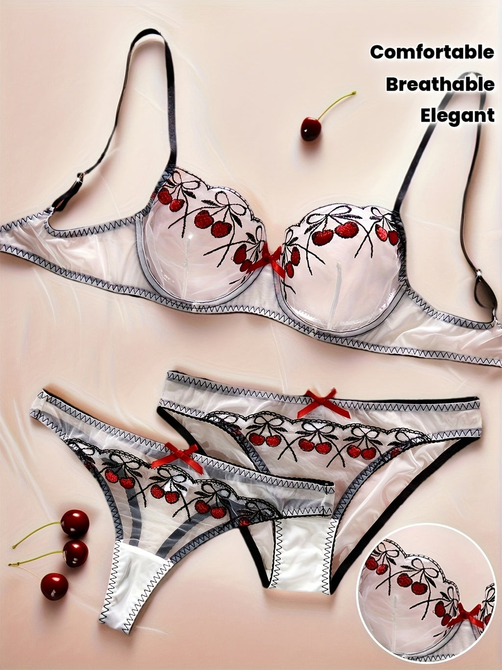 Elegant Embroidered Bra and Panties Set | Medium Support, Half-Sheer, Comfortable and Breathable, Ideal for Romantic Couples and Valentine'S Day